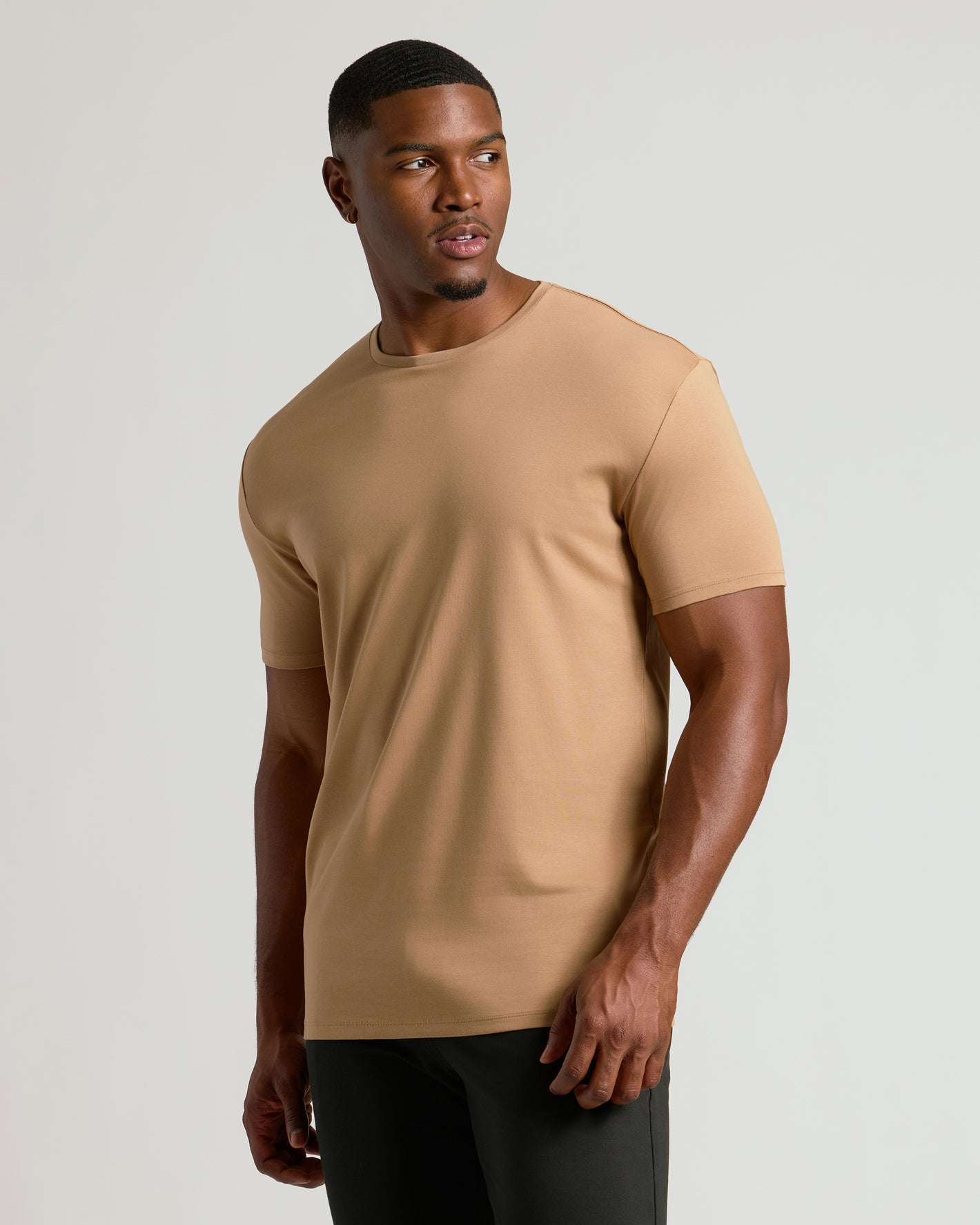 Tahini Tall Premium Pima Crew Neck on fit young man.