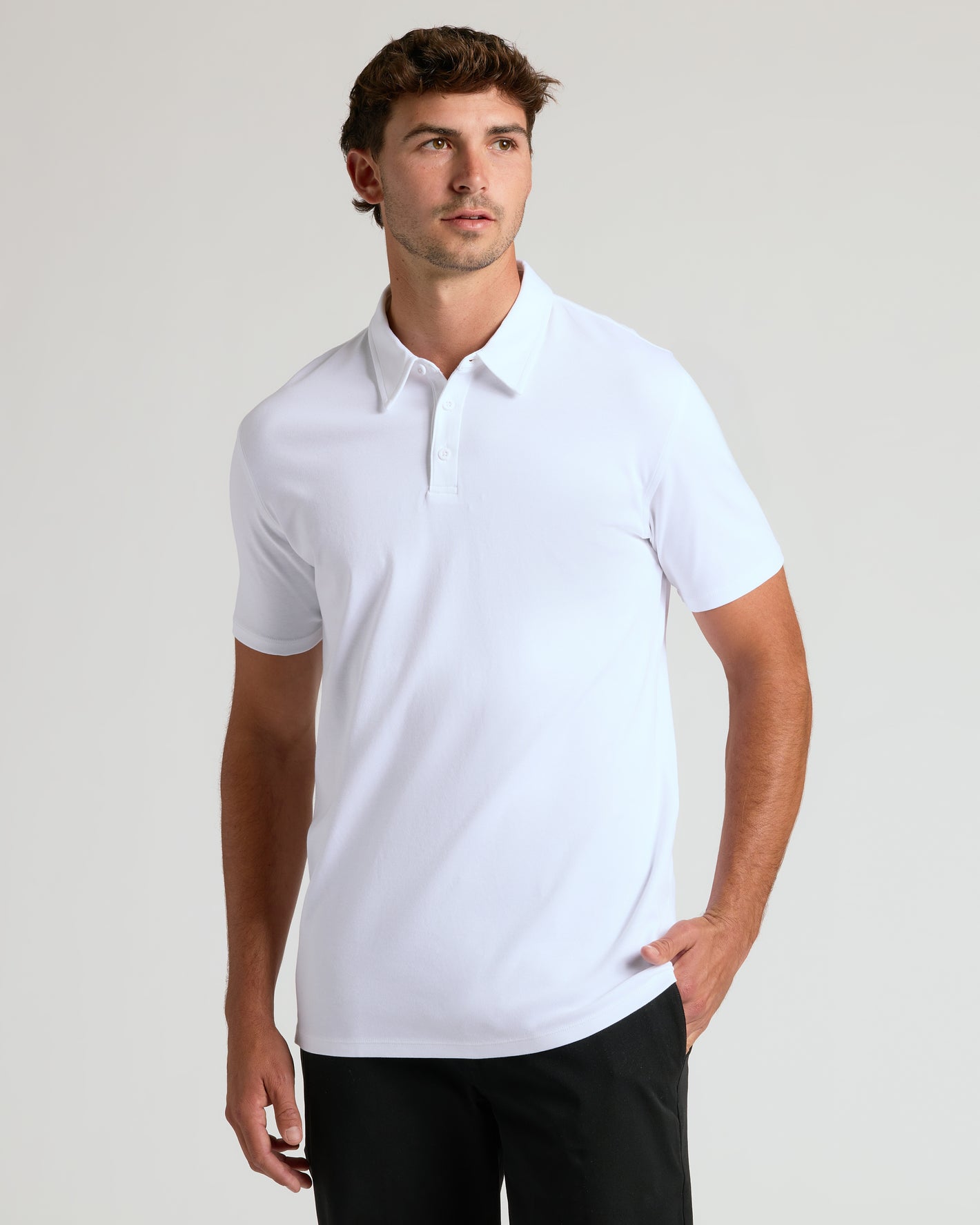 White Tall Premium Pima Polo 7-Pack on model, showcasing fit and style.