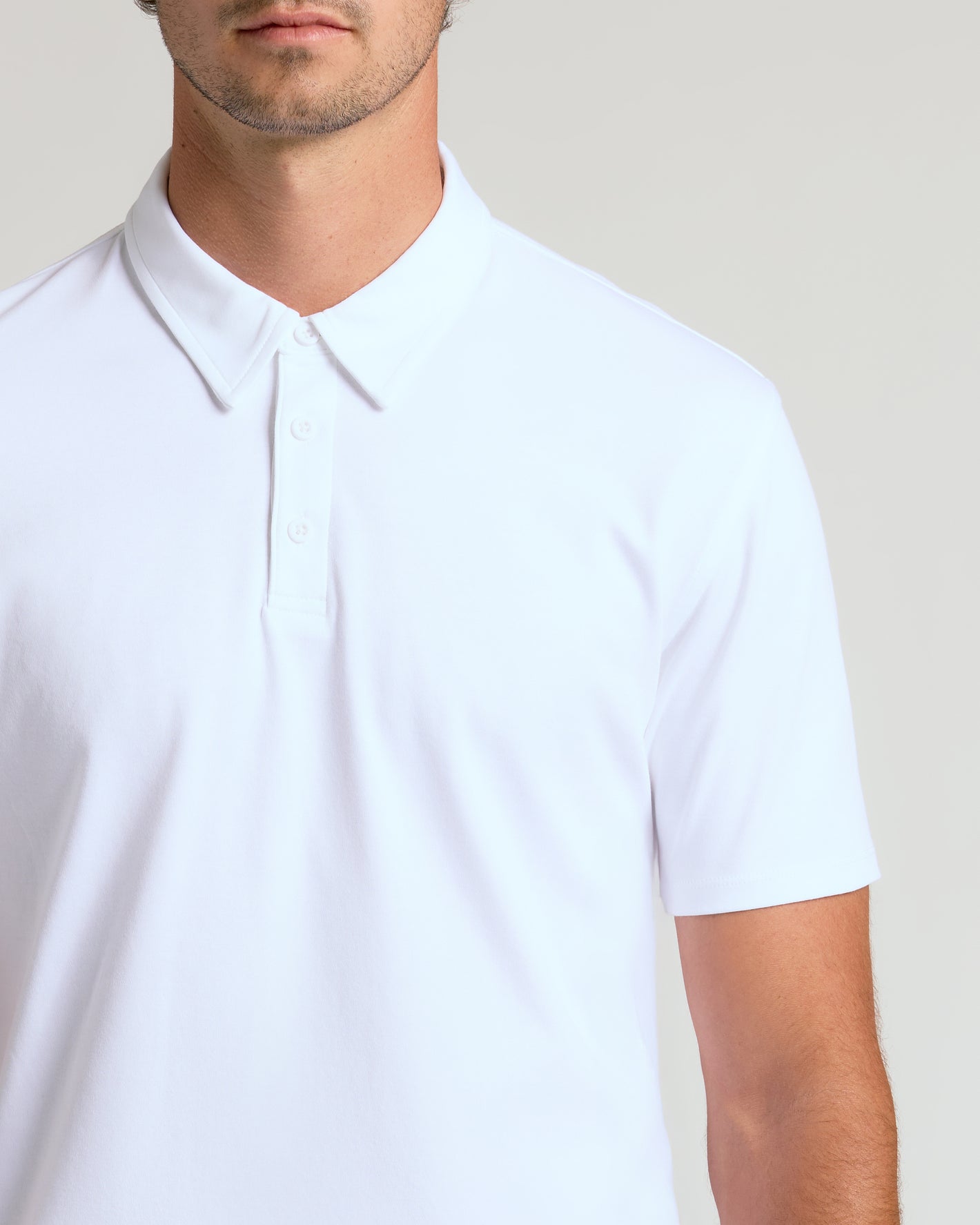 White Tall Premium Pima Polo showcasing collar and three-button placket.