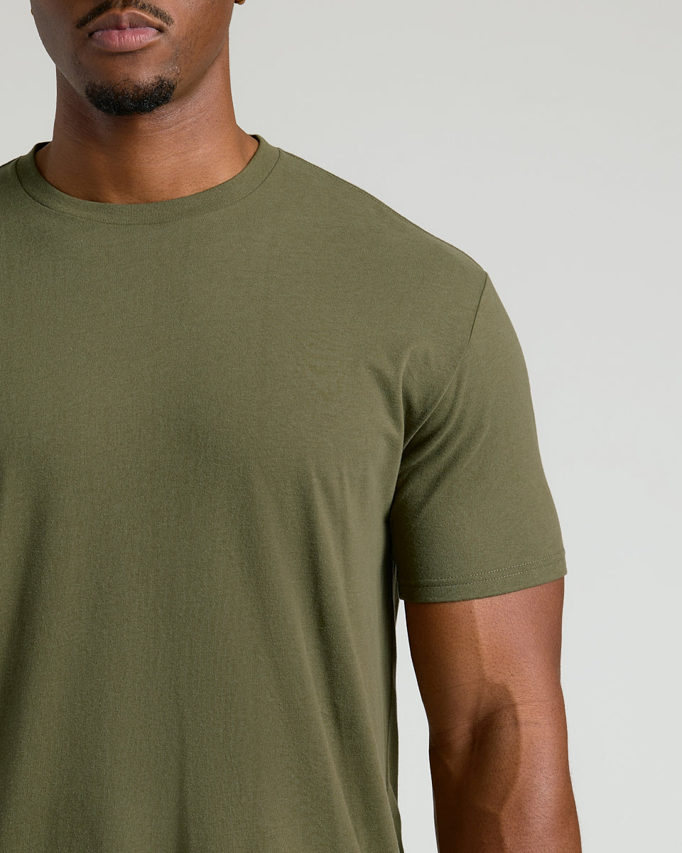 Man wearing Military Green Short Sleeve Tall Curved Hem Crew T-shirt.