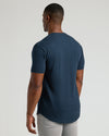 Navy Short Sleeve Tall Curved Hem Crew with light gray slim-fit pants.