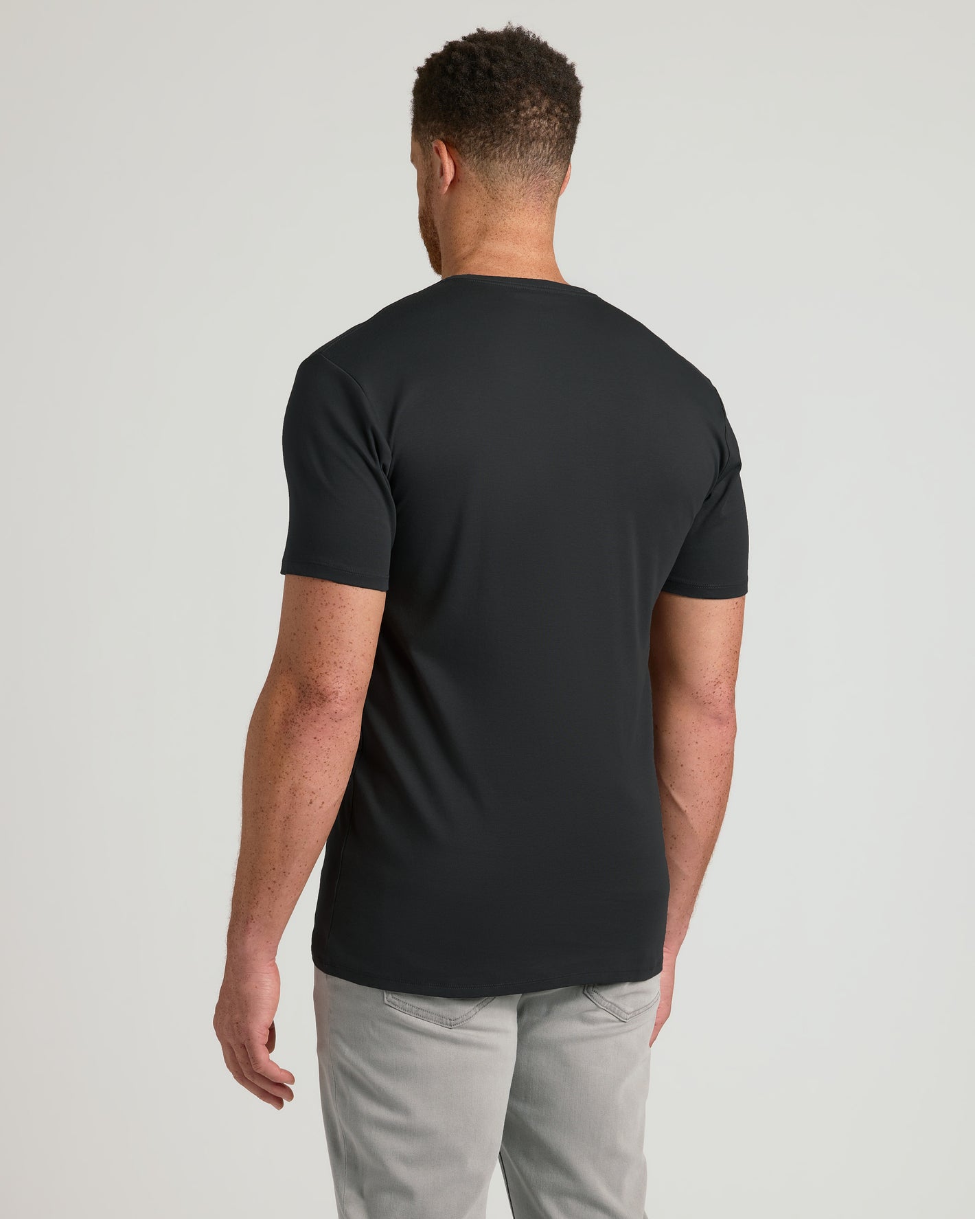Black Tall Premium Pima V-Neck 4-Pack, back view on model.