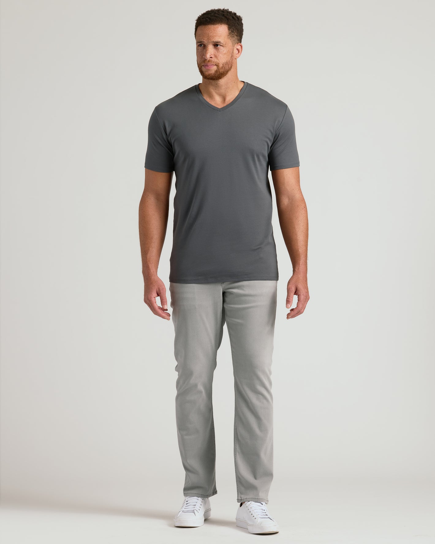 Carbon & Navy Tall Premium Pima V-Neck T-shirt on male model.