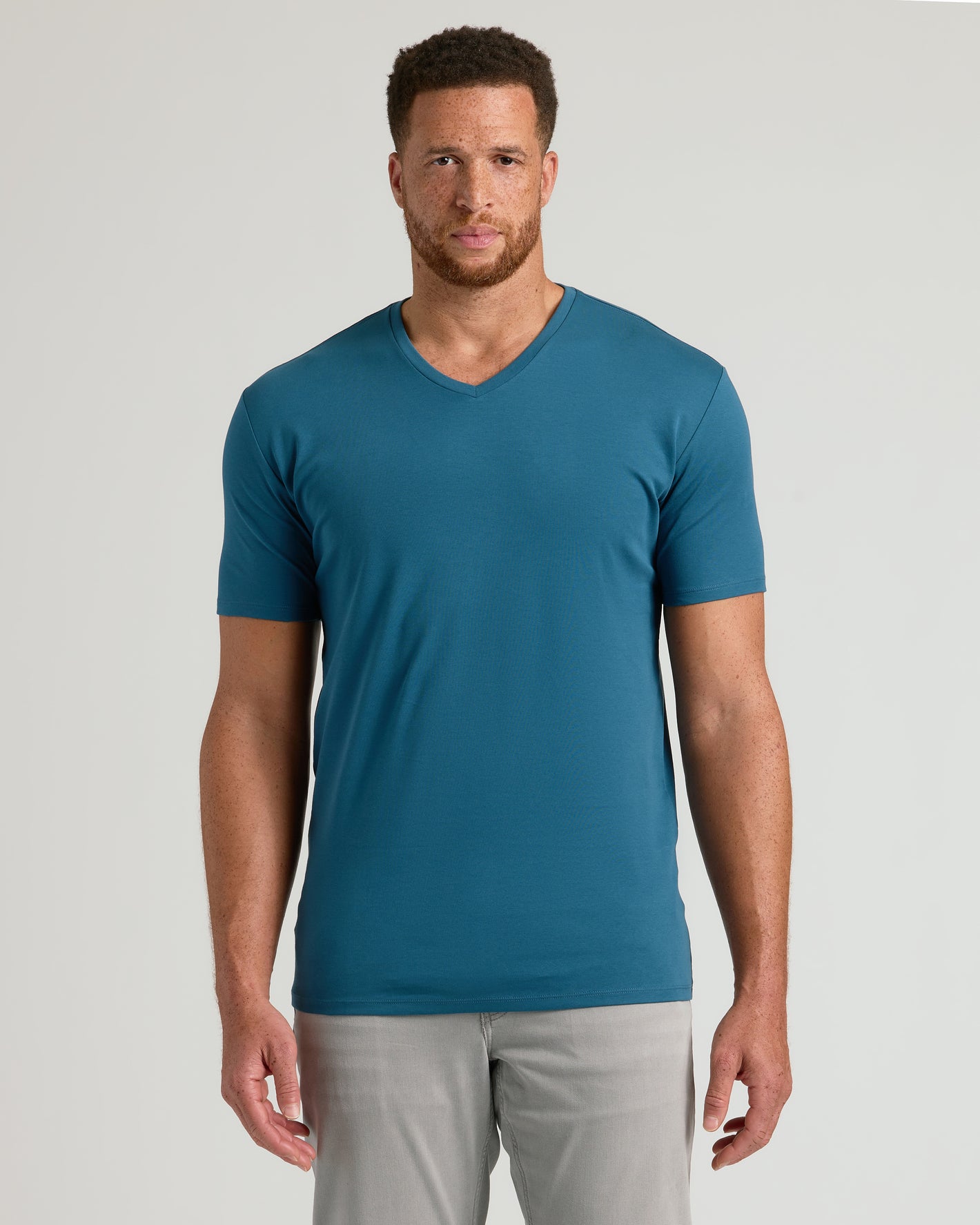 Lagoon Tall Premium Pima V-Neck on man, showing tailored fit.