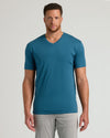 Man wearing Navy & Lagoon Tall Premium Pima V-Neck T-shirt.