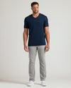 Man wearing Carbon & Navy Tall Premium Pima V-Neck T-shirt.