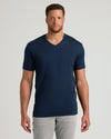 Tall model in Navy Premium Pima V-Neck, showcasing tailored fit.