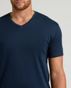 Man wearing Carbon & Navy Tall Premium Pima V-Neck T-shirt.