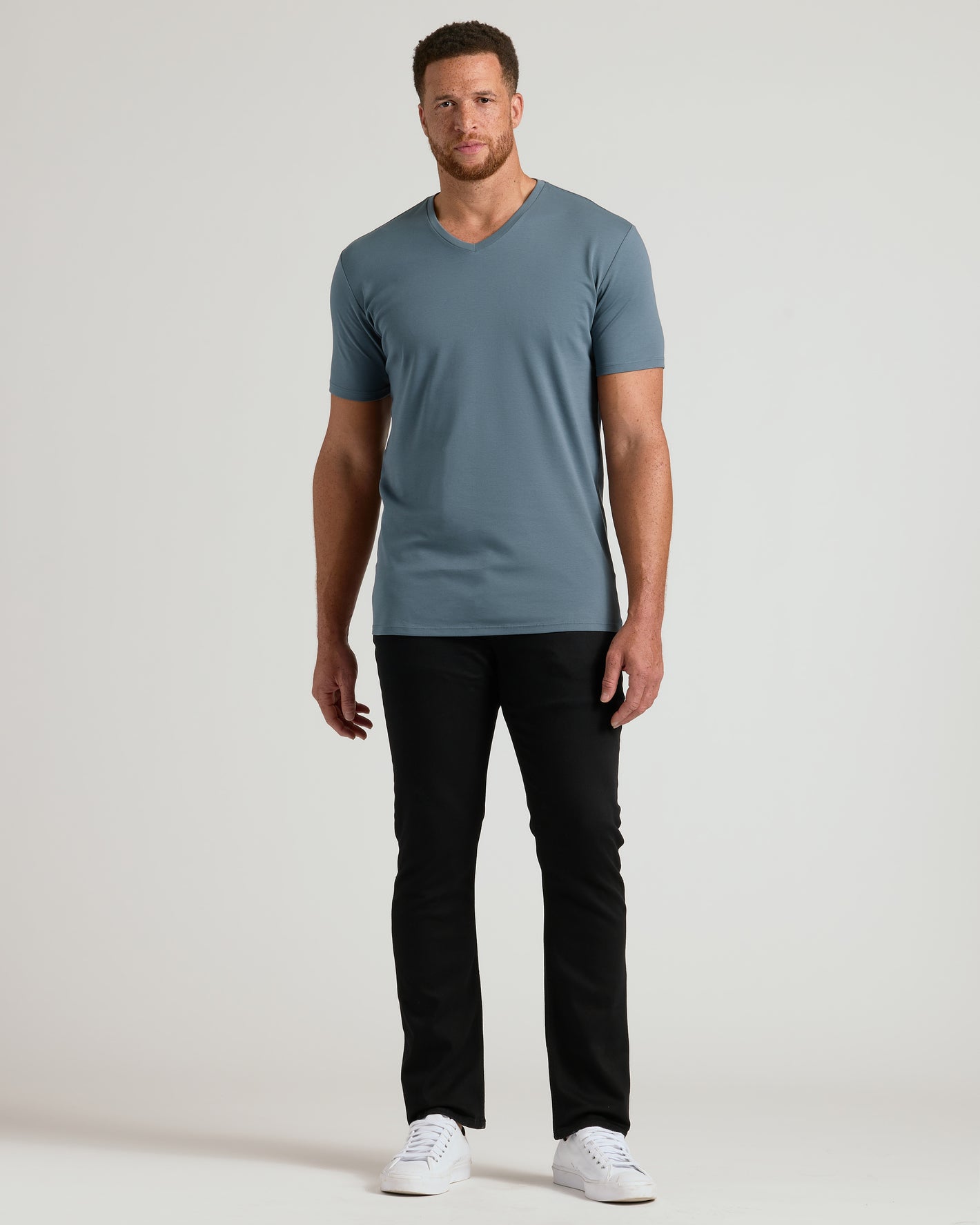 Tempest Tall Pima V Neck on model, showcasing tailored fit.