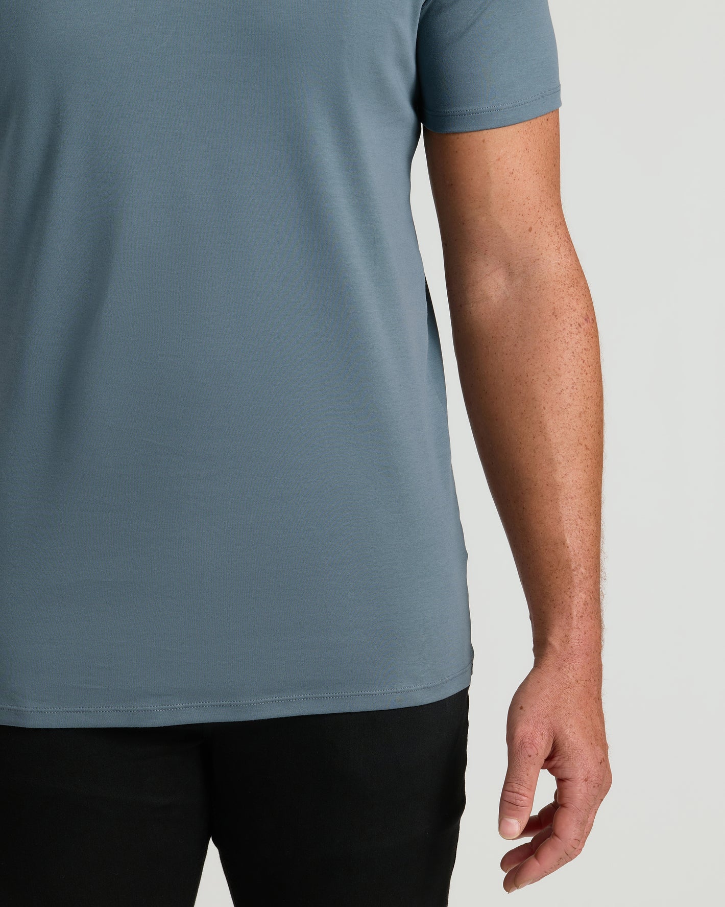 Tempest Tall Pima V Neck on person, showcasing tailored fit.