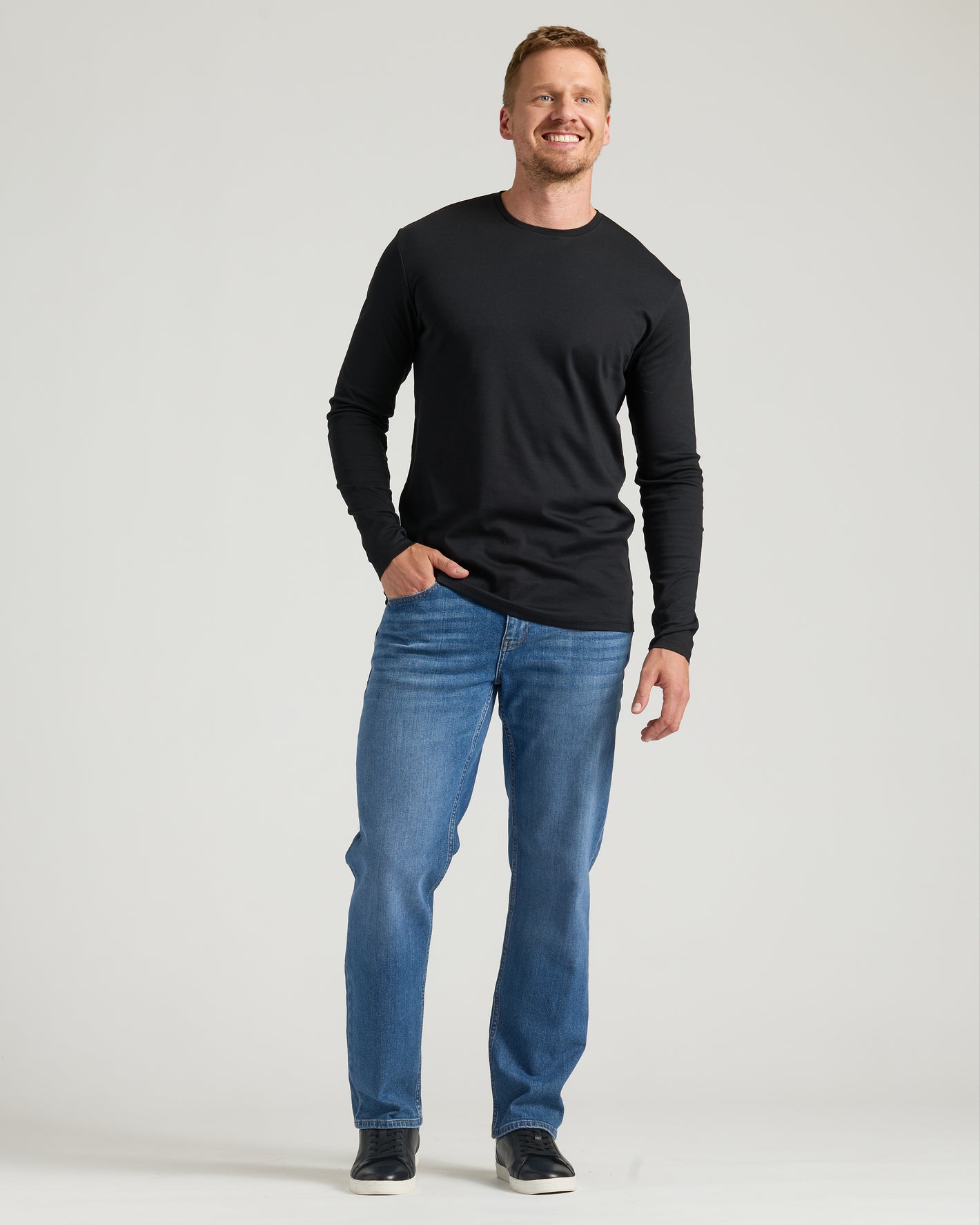 Tall Pima Variety 2-Pack: Black long-sleeve crewneck, straight-leg jeans.