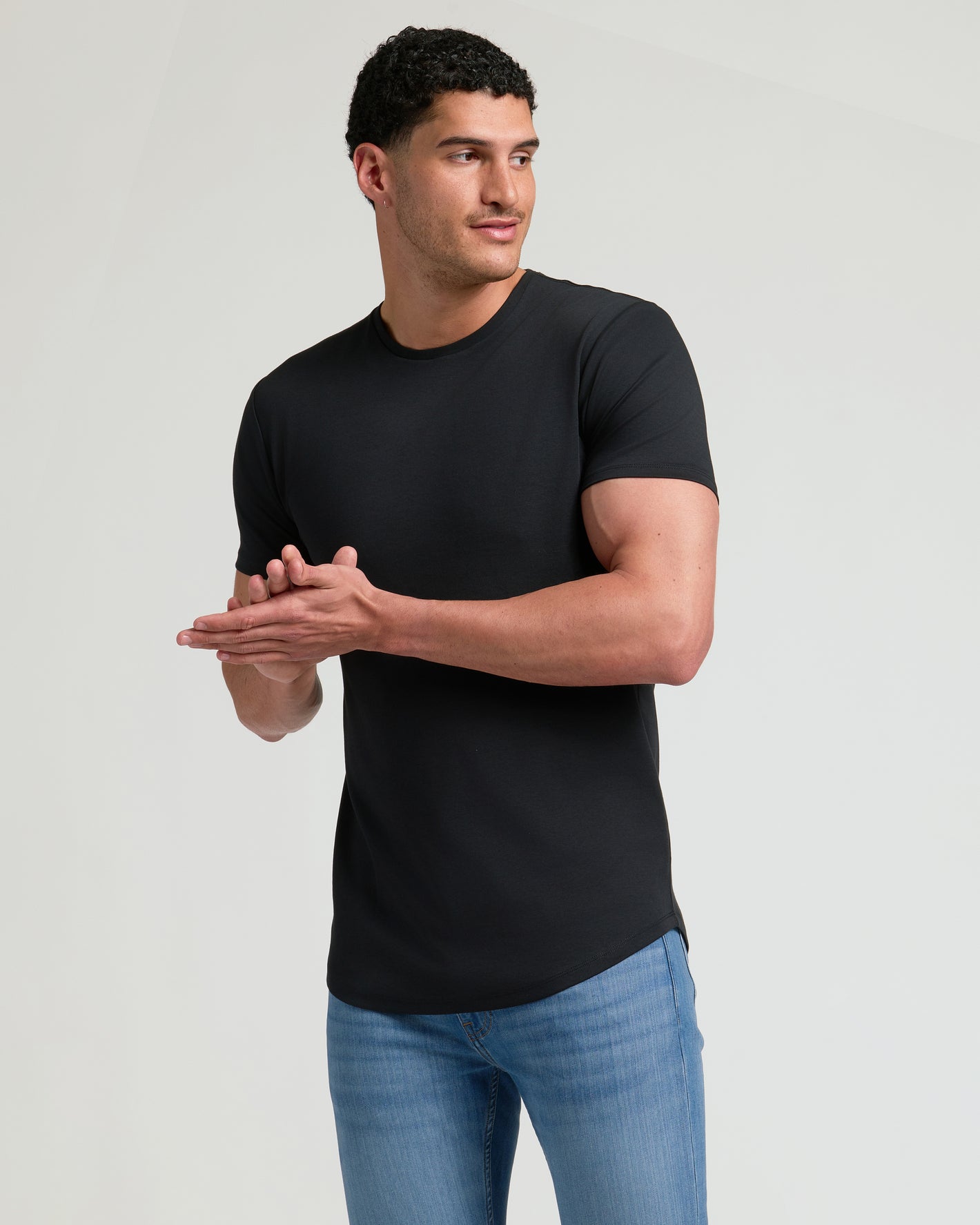 Black Tall Premium Pima Crew Curved Hem 2-Pack modeled on a man.