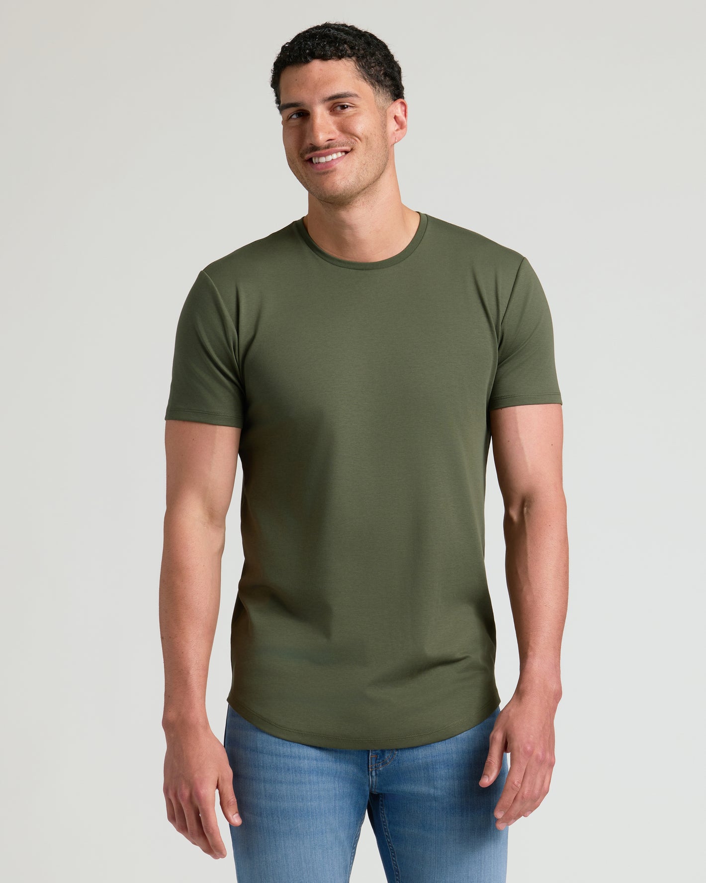 Wardrobe Tall Premium Pima Crew Curved Hem T-shirt on model.