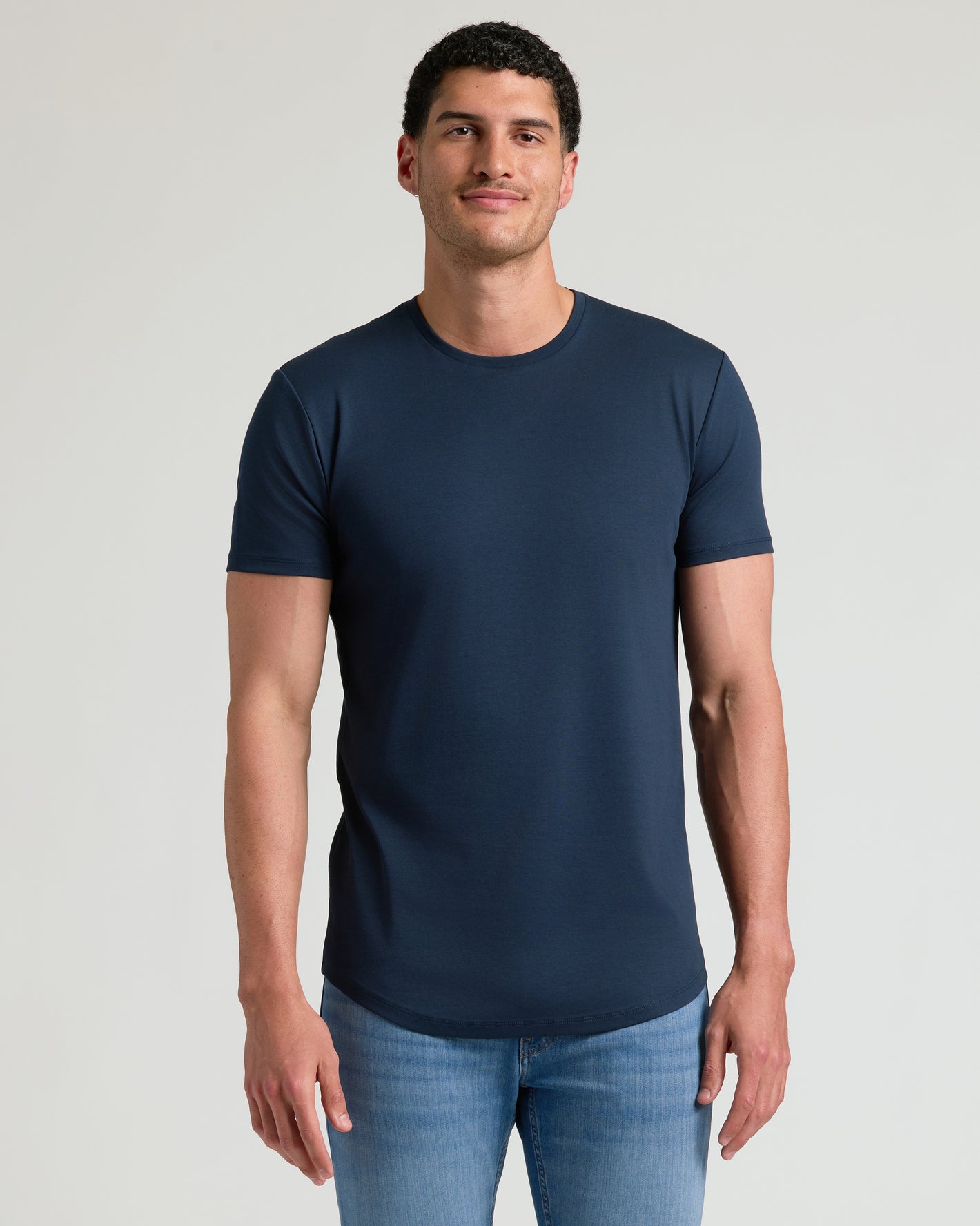 Grove & Navy Tall Premium Pima Crew Curved Hem 2-Pack on model.