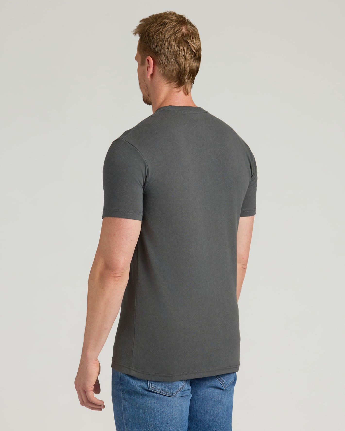 Back view of Carbon Tall Heavyweight Pocket Crew on man.