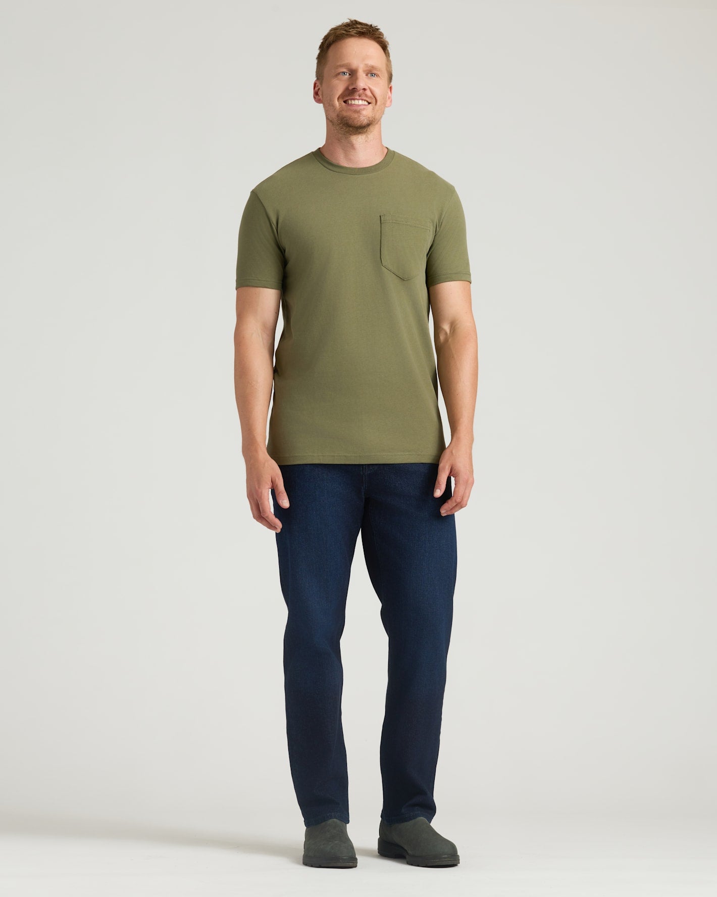 Military Green Tall Heavyweight Pocket Crew on man with jeans and shoes.