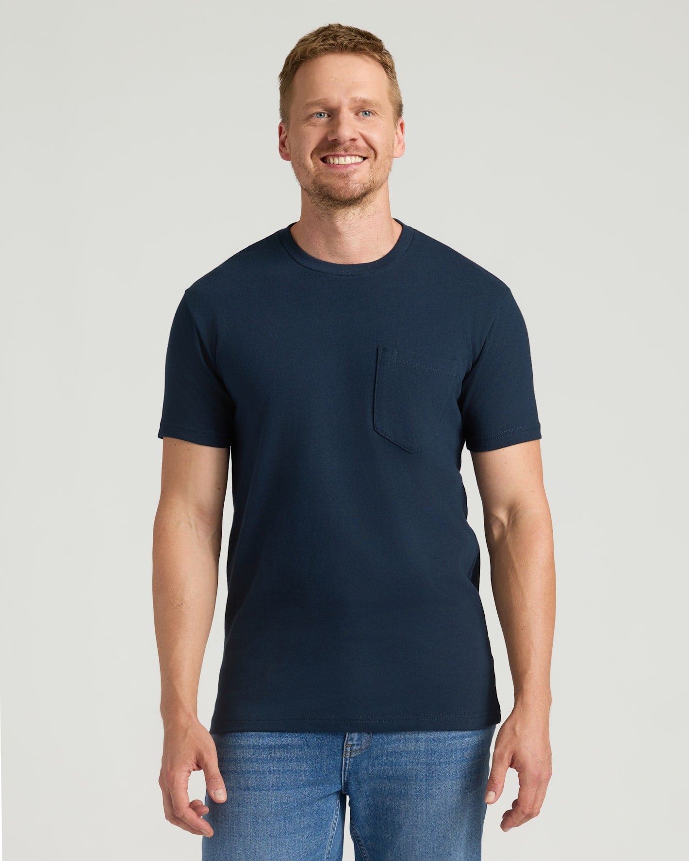 Navy Tall Heavyweight Pocket Crew on man with relaxed pose.