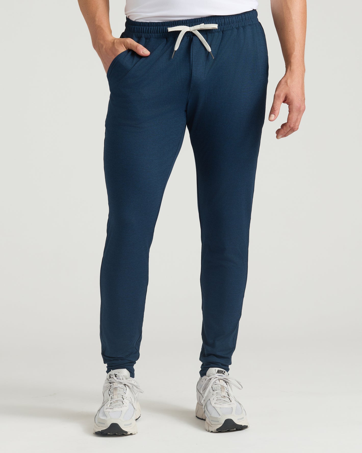 Dark Heather Navy Tall Active Joggers with white drawcord and side pockets.
