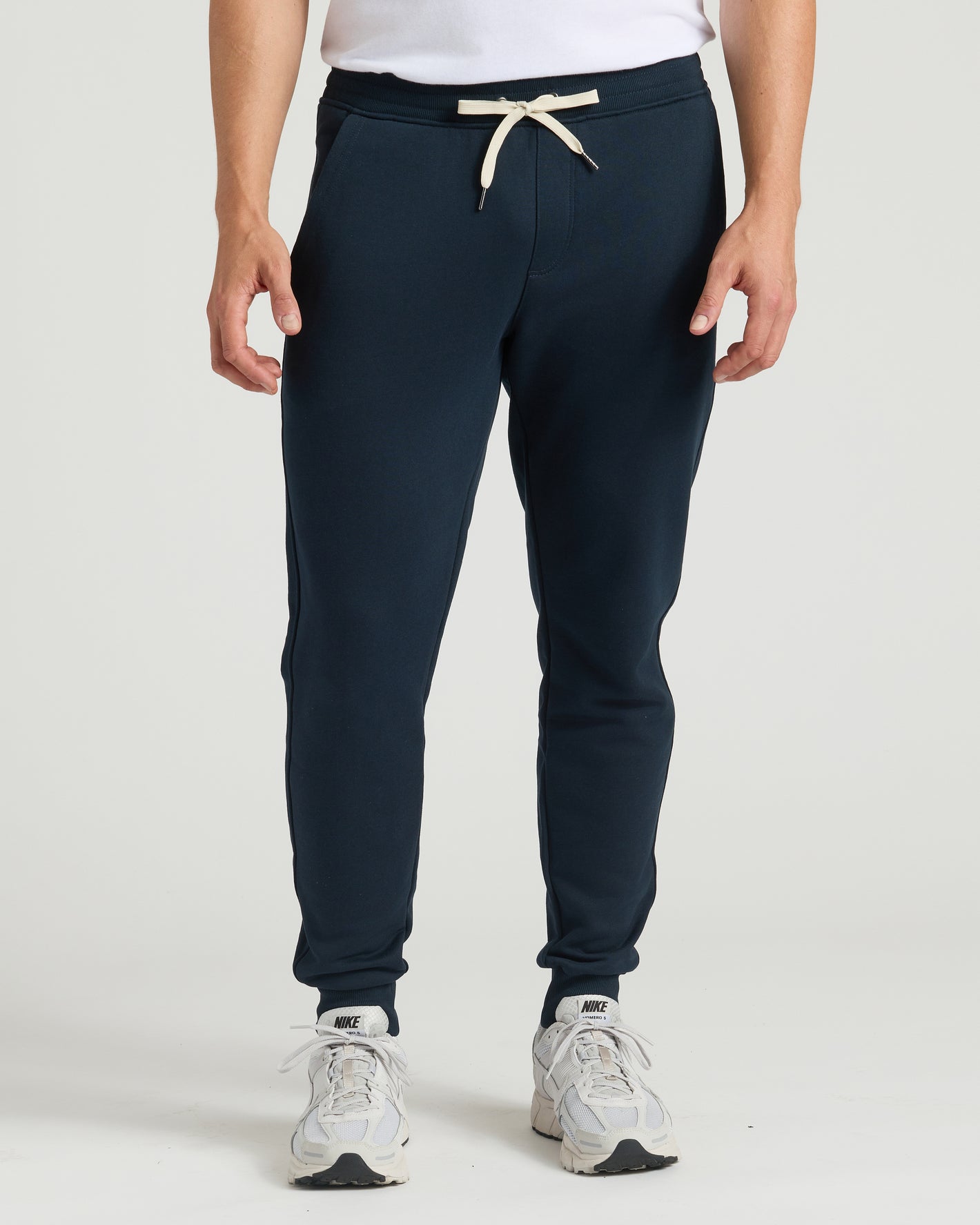 Navy Tall Fleece French Terry Joggers with white drawstring and ribbed cuffs.