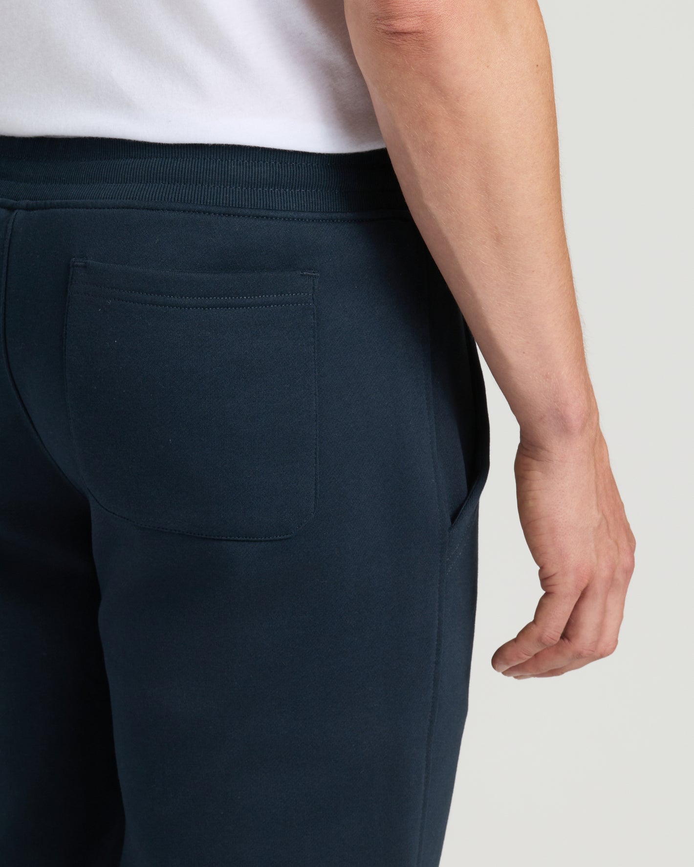 Navy Tall Fleece French Terry Joggers with elastic waistband and patch pocket.