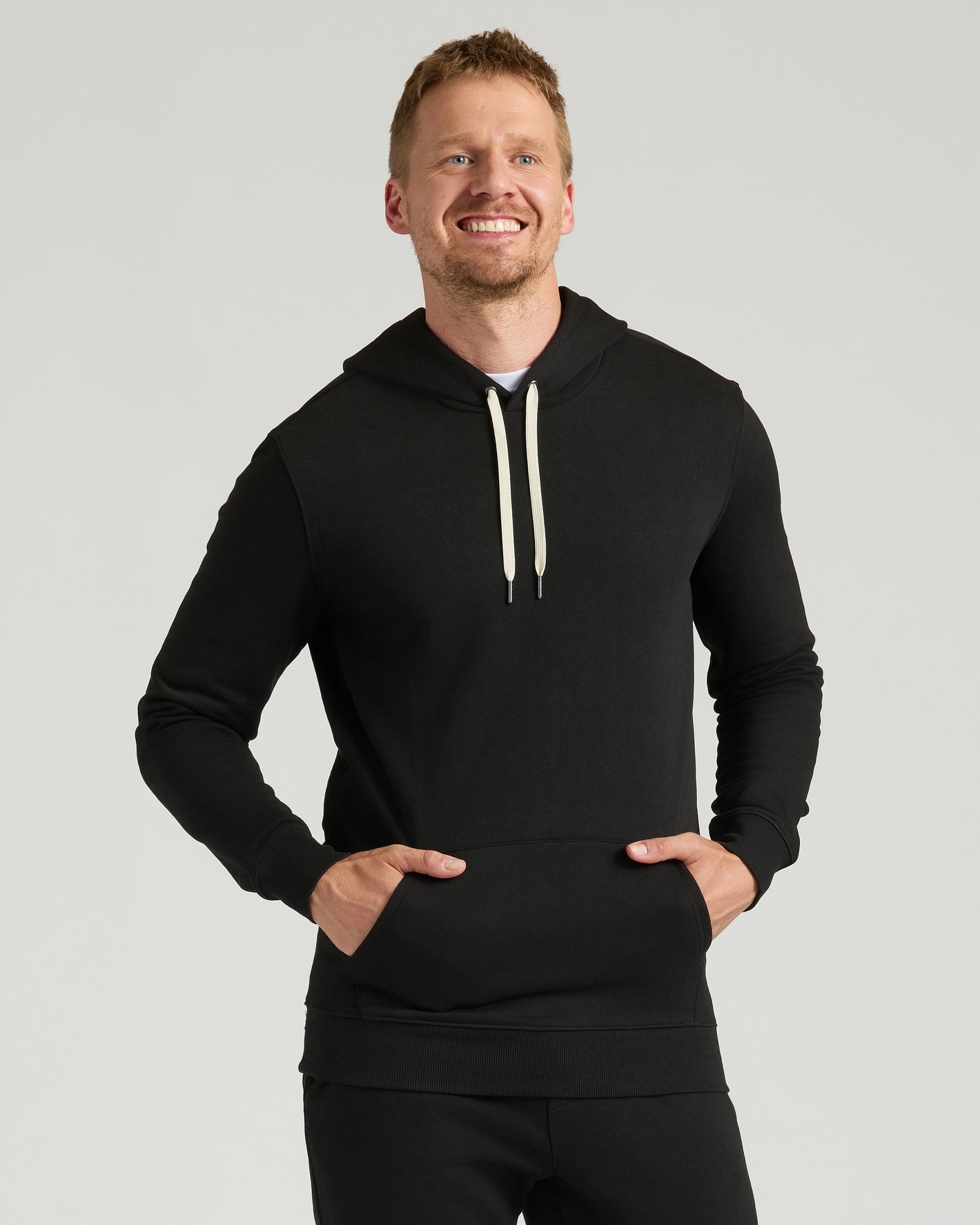 Black Tall Fleece French Terry Pullover Hoodie with contrasting drawstrings.