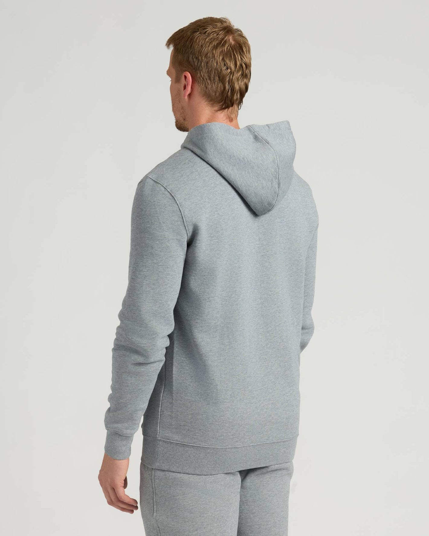 Back view of Medium Heather Gray Tall Fleece Pullover Hoodie & Joggers.