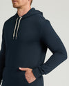 Navy Tall Fleece Pullover Hoodie with white drawstrings and pocket.