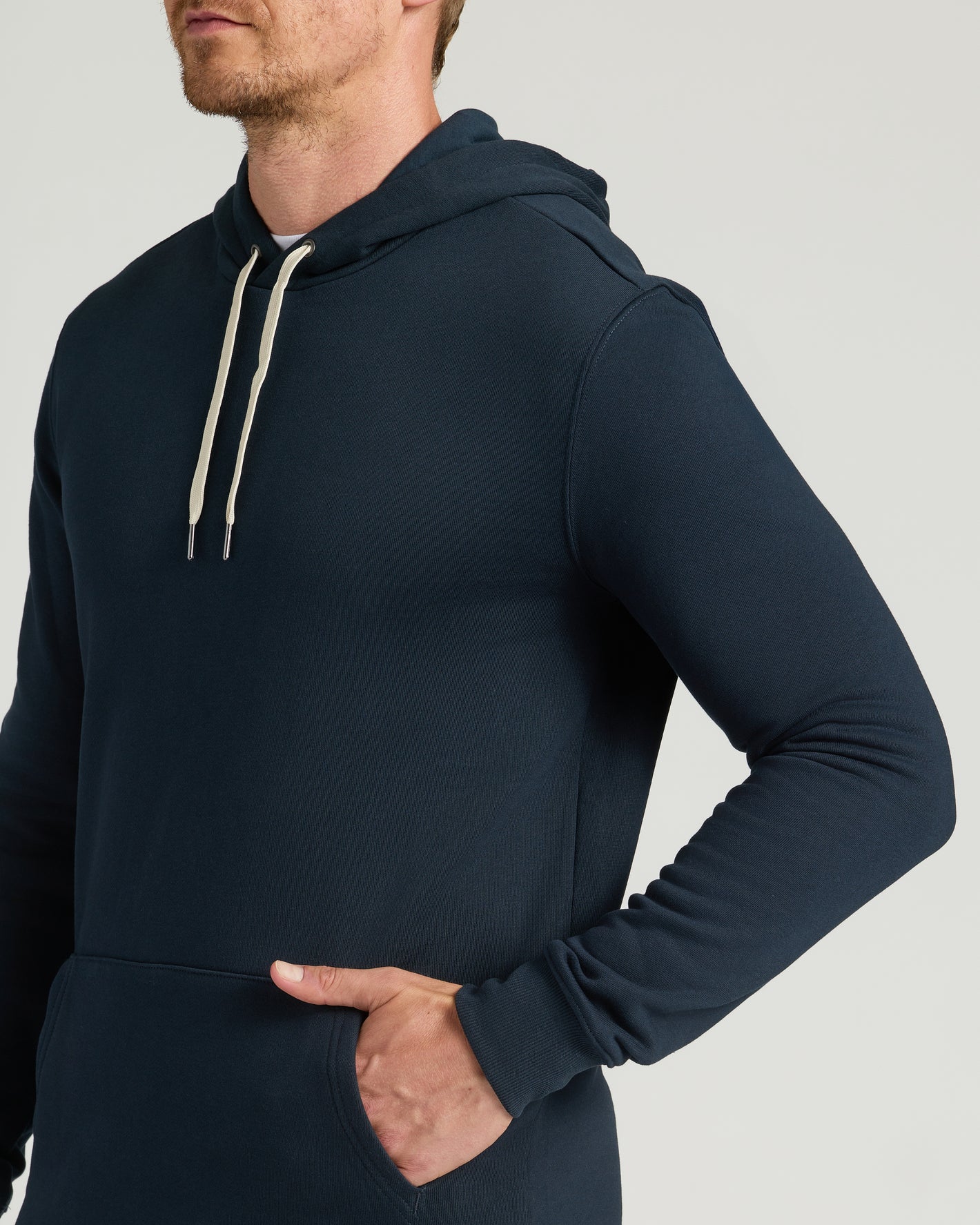 Navy Tall Fleece Pullover Hoodie with white drawstrings and pocket.