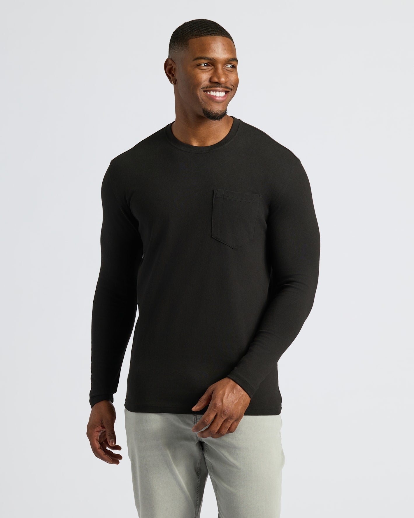 Black & Navy Tall Heavyweight Long Sleeve Pocket Crew worn by a smiling man.