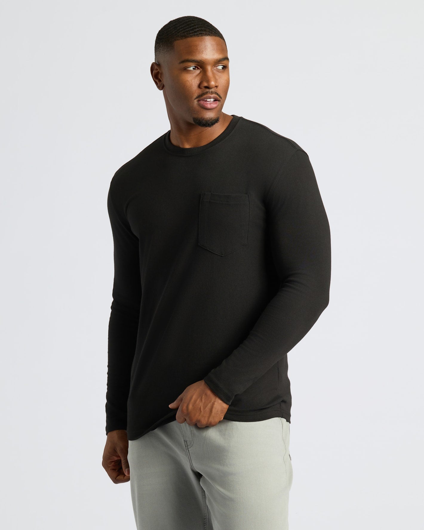 Black & Navy Tall Heavyweight Long Sleeve Pocket Crew worn by male model.