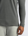 Carbon Tall Heavyweight Long Sleeve Pocket Crew shown on person, highlighting length.