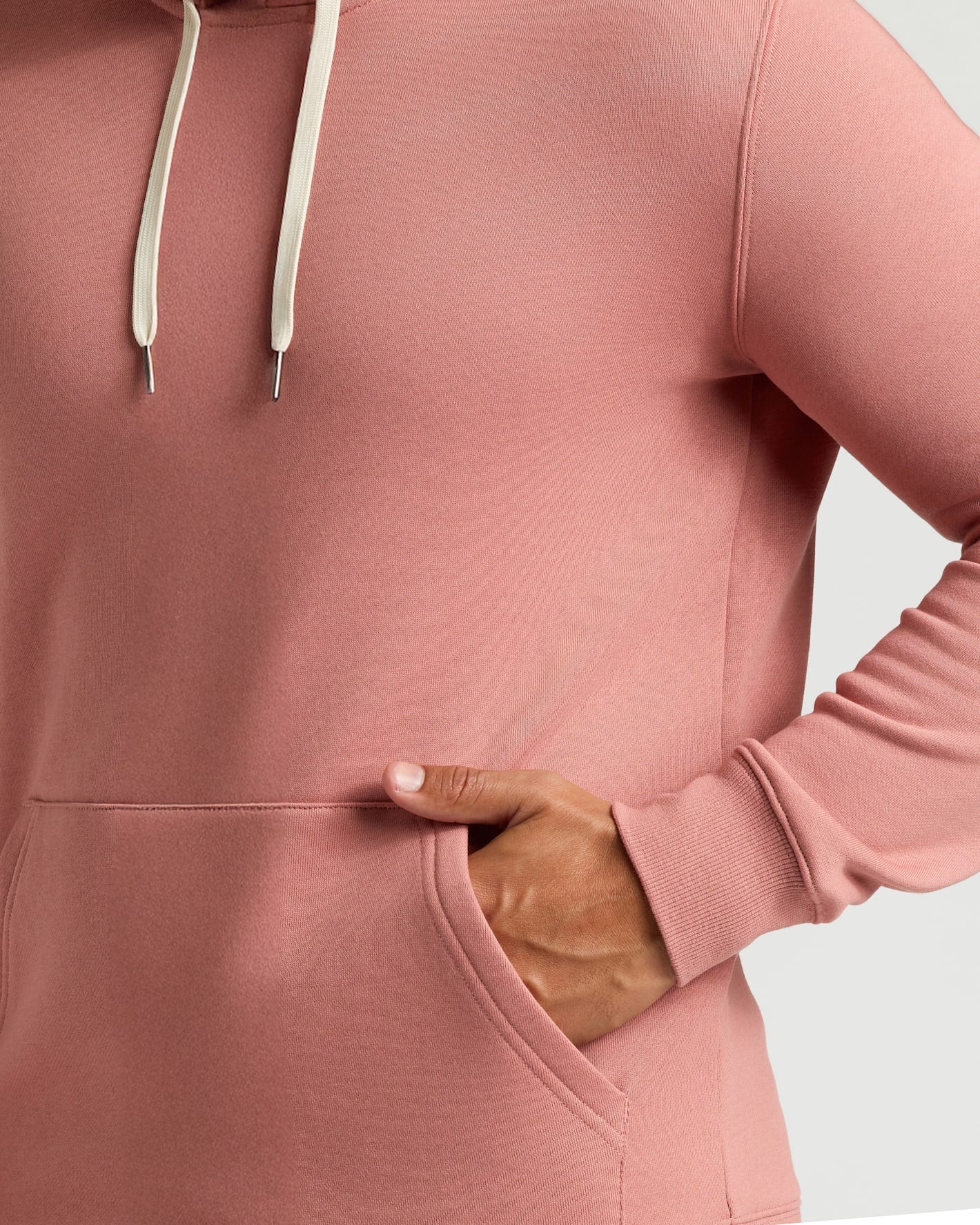 Rose Fleece French Terry Pullover Hoodie with pocket, cream drawcords, rib-knit cuff.