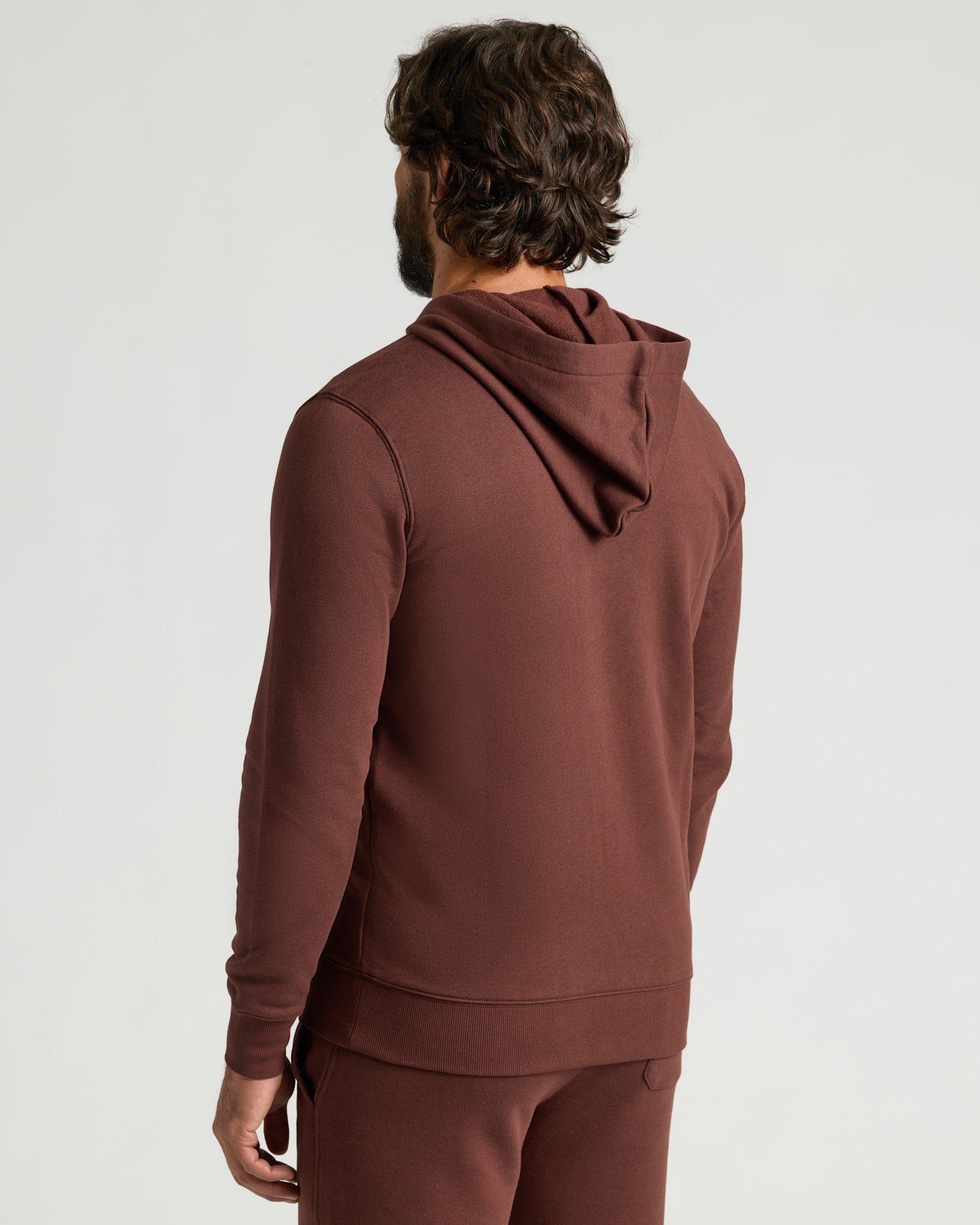 Carob Fleece French Terry Pullover Hoodie rear view on model.