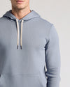 Dusty Blue Fleece French Terry Pullover Hoodie with cream drawstrings and kangaroo pocket.