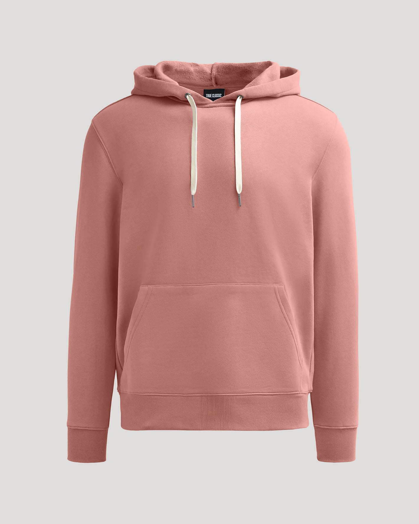 Rose Fleece French Terry Pullover Hoodie with kangaroo pocket and off-white drawcords.