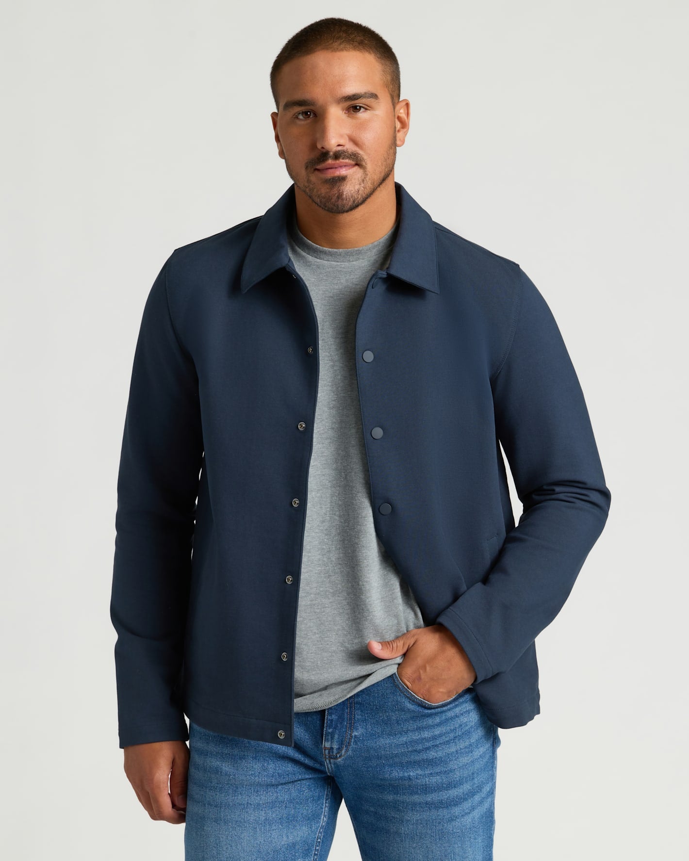 Model wearing Staple Casual Jacket 3-Pack in navy, highlighting its tailored fit.