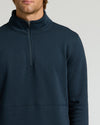 Navy Half Zip Fleece Sweatshirt with stand-up collar worn by person.