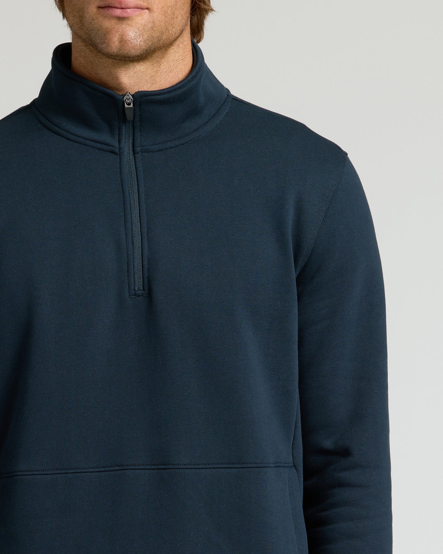 Navy Half Zip Fleece Sweatshirt with stand-up collar worn by person.