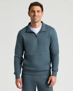 True ClassicNeptune Half Zip Fleece Sweatshirt & Jogger 2-Pack worn by smiling man.