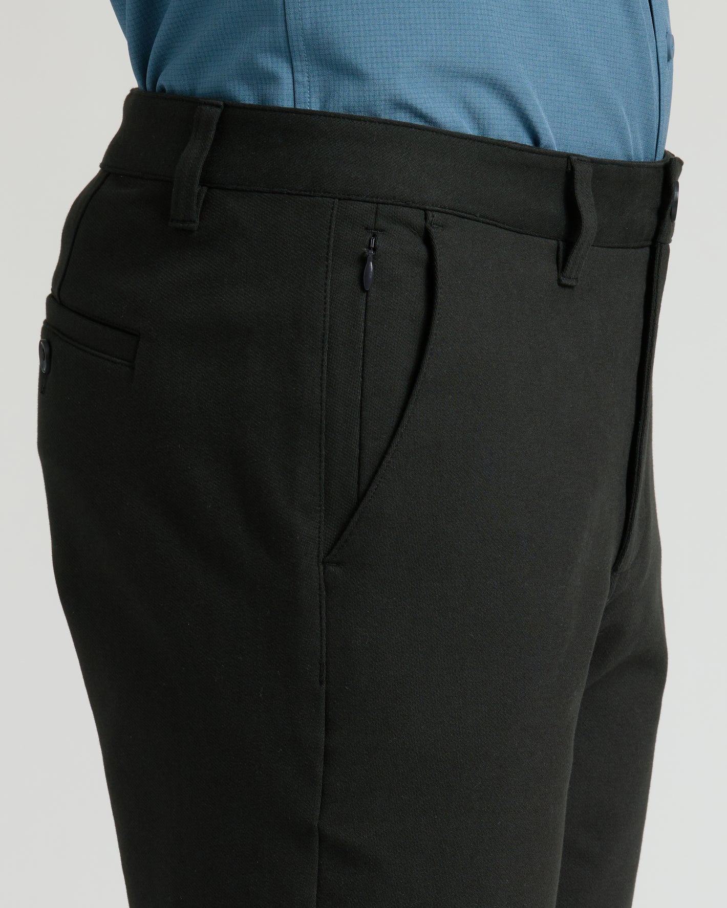 Black Straight Chino Pants 2.0 with belt loops and hidden zip pocket.