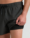 5 Smoke Seersucker Swim Trunks with compression liner and pin-striped design.