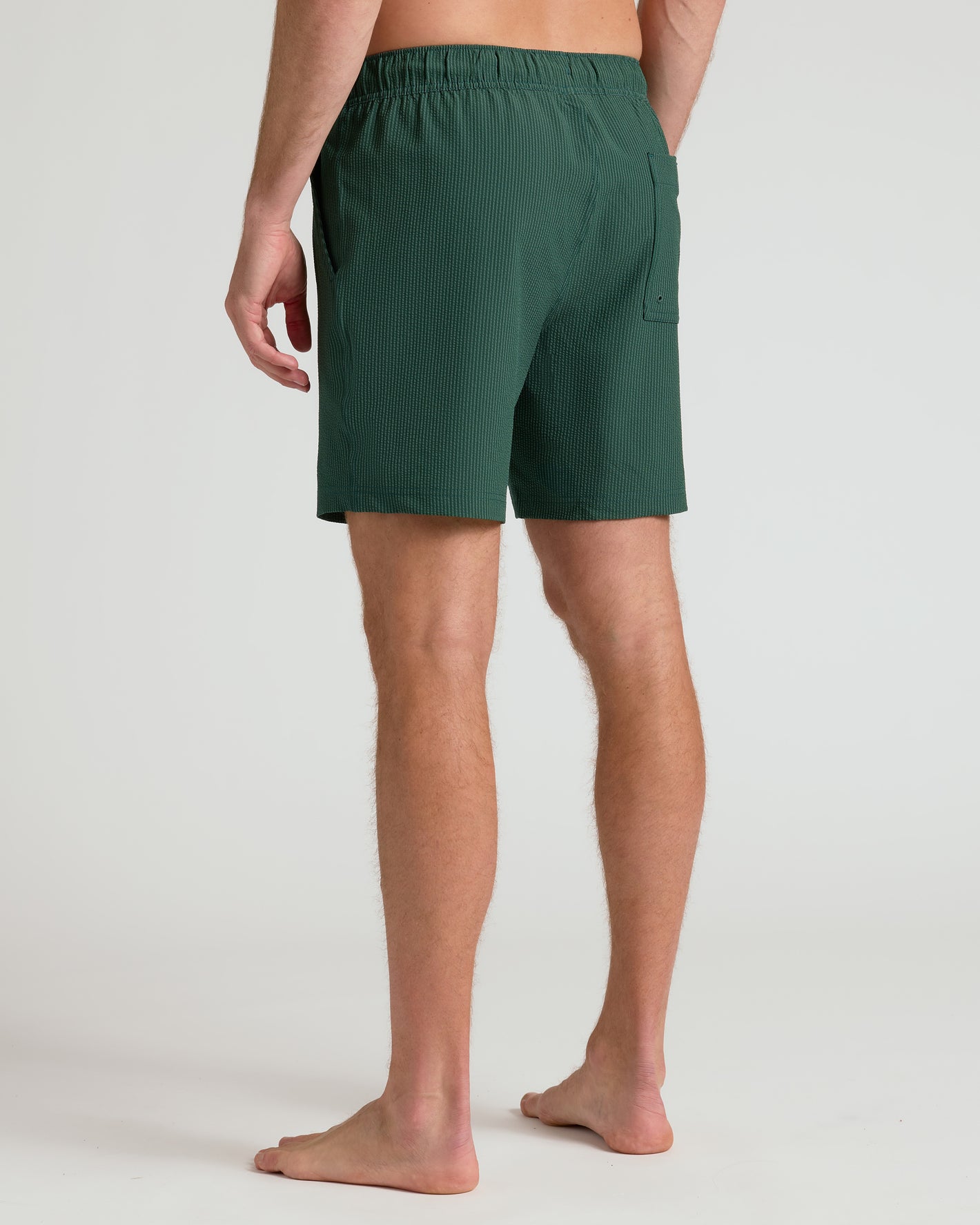 7 Marine Spruce Seersucker Swim Trunks with elastic waistband and back pocket.