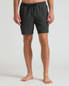 7 Smoke Seersucker Swim Trunks on model, showcasing mid-thigh length.