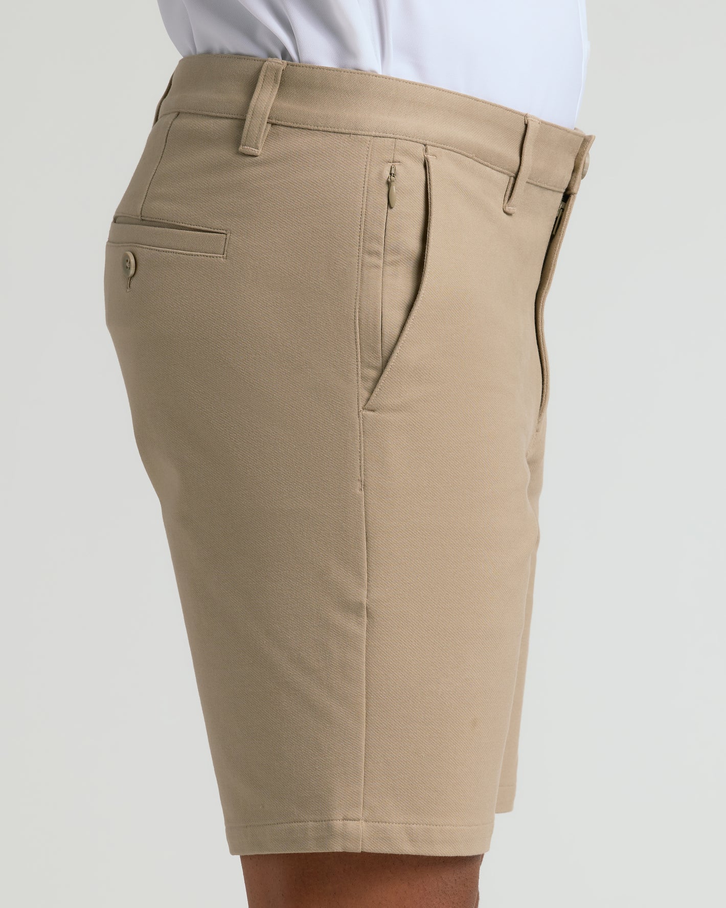 9 Khaki Chino Shorts 2.0 with side pocket and buttoned back pocket.