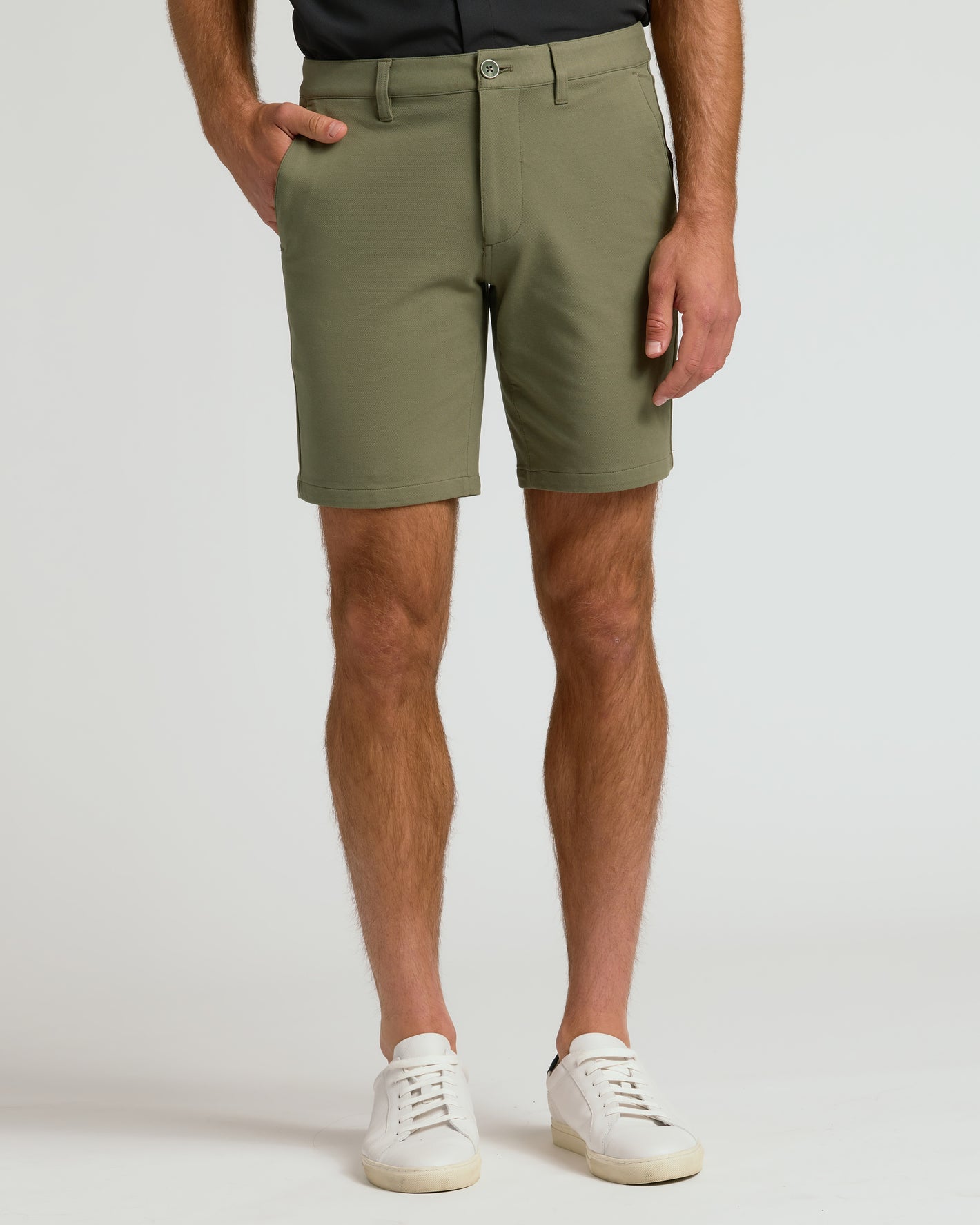 9 Military Green Chino Shorts 2.0 with white sneakers.