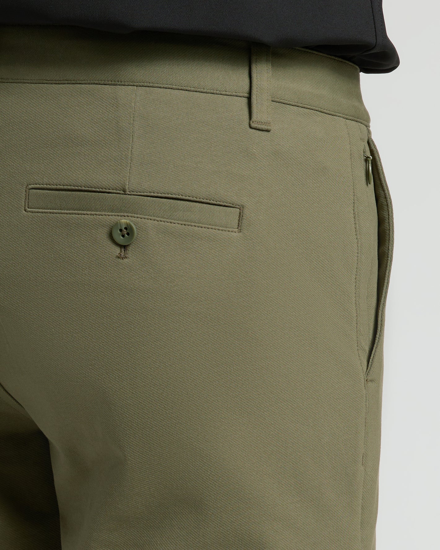9 Military Green Chino Shorts 2.0 back welt pocket detail.