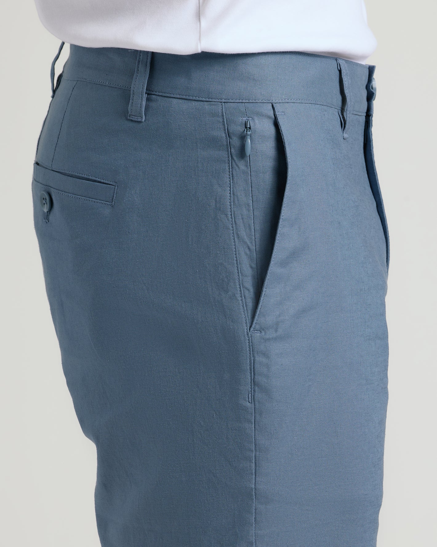 9 Fiord Linen Shorts with zippered side pocket and back welt pocket.