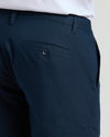 9 Navy Linen Shorts with belt loops, zippered side pocket, buttoned back pocket.