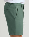 7 Moss Linen Shorts with side zip pocket and buttoned back pocket.