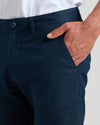 7 Navy Linen Shorts with hand in front pocket, button visible.
